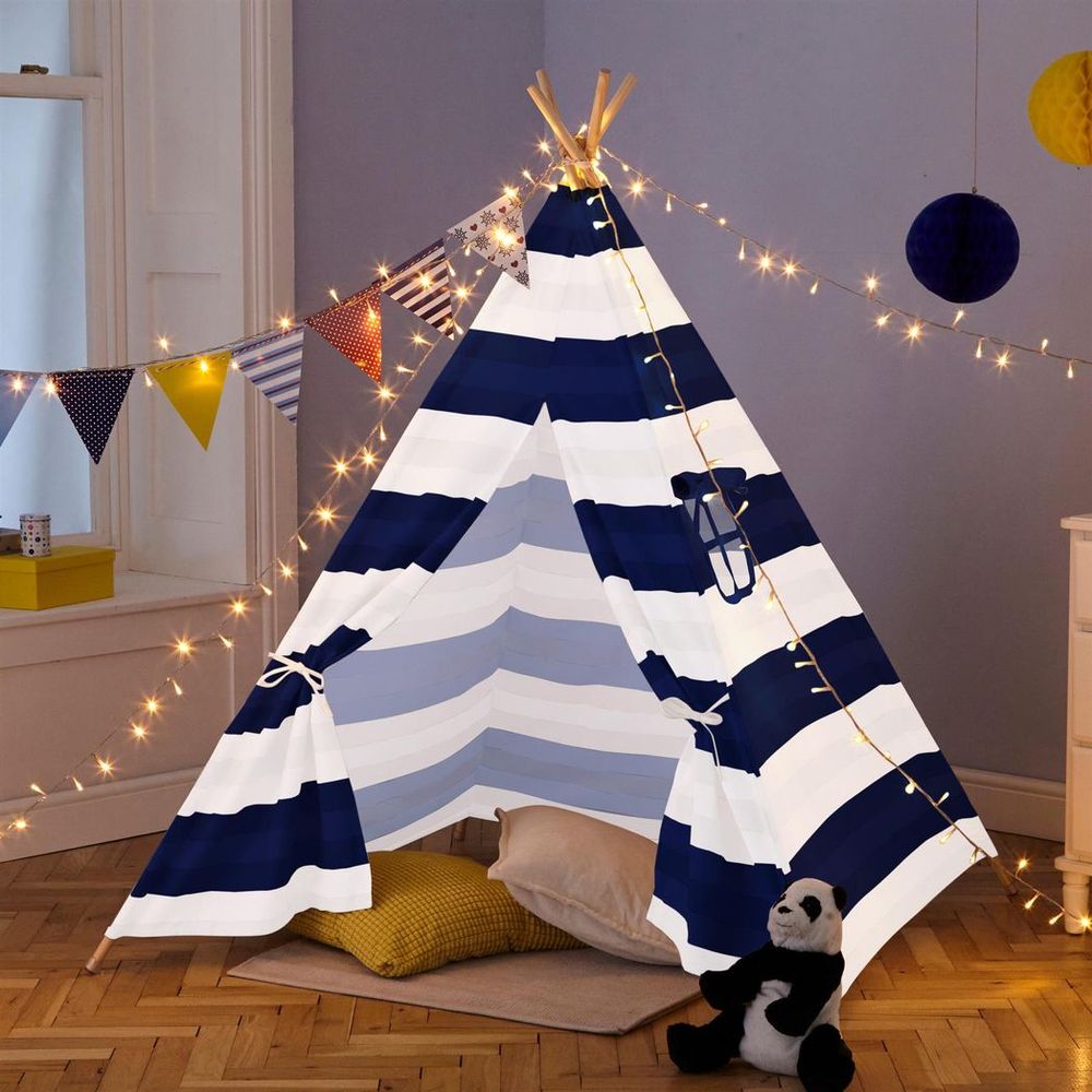Premium Neo Navy & White Stripe Kids Teepee - Quality Canvas Indian Tent for Hours of Fun