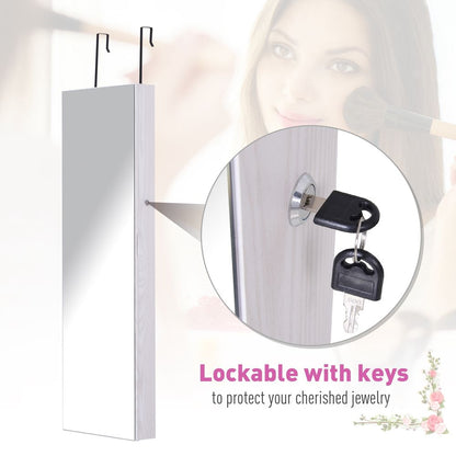 Lockable Hanging Mirrored Jewel Cabinet w/ LED, White - Spacious & Organized