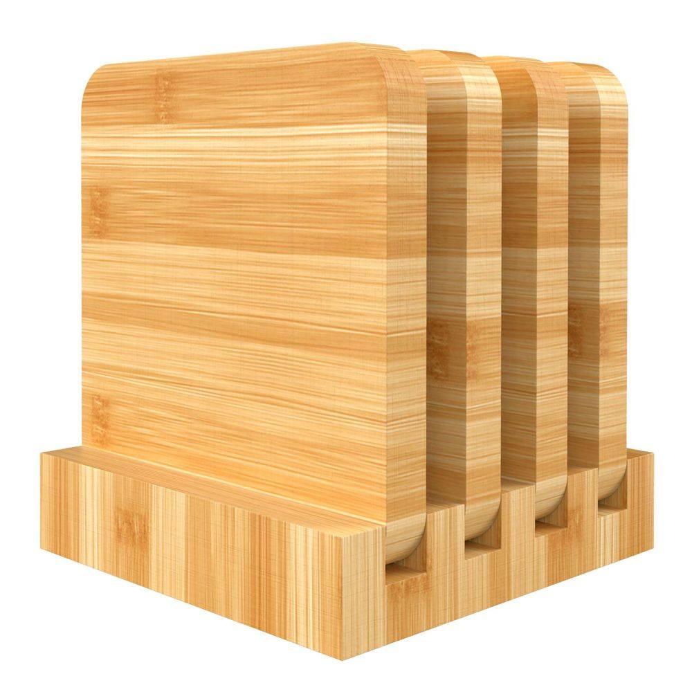 Bamboo Coasters Set of 4 Natural Wood Square Drink Coaster with Holder