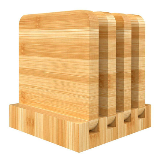 Bamboo Coasters Set of 4 Natural Wood Square Drink Coaster with Holder