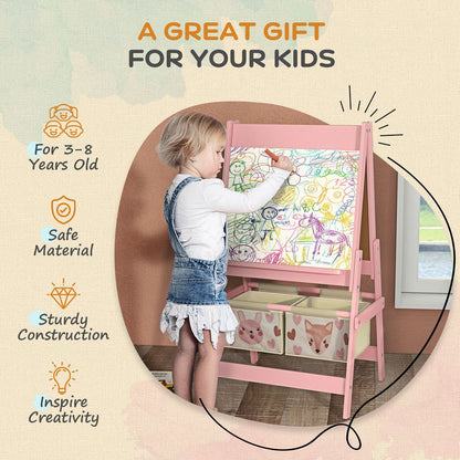 AIYAPLAY Kids Easel with Paper Roll, 3 in 1 Art Easel for Children, with Blackboard, Whiteboard, Storage Baskets, Pink