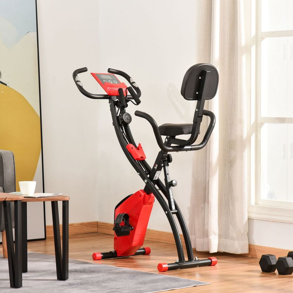 HOMCOM 2-In-1 Folding Exercise Bike with 8-Level Magnetic Resistance Red
