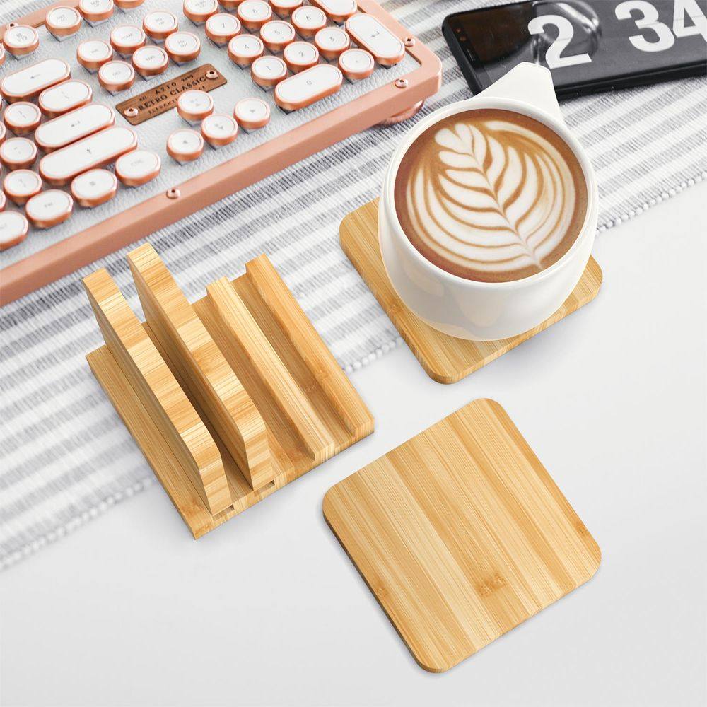 Bamboo Coasters Set of 4 Natural Wood Square Drink Coaster with Holder