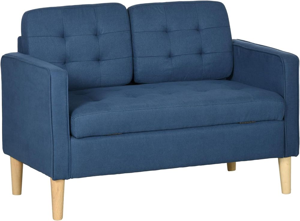 HOMCOM Compact Loveseat Sofa 2 Seater Sofa with Storage and Wood Legs Blue