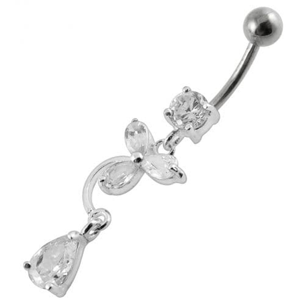 Fancy Flower Jeweled Dangling Banana Bar Belly Ring