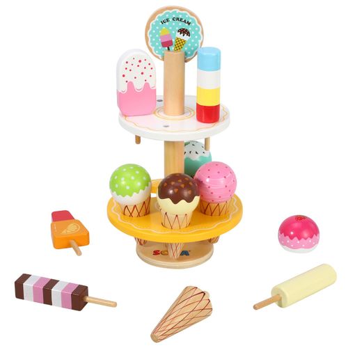 SOKA Wooden 21 Pieces Ice Cream Stand Popsicle Collection Pretend Role Play Set Game Colourful Variety Lolly Shop Food Stand Toy Set for Kids Children Girl Ages 3 year old +