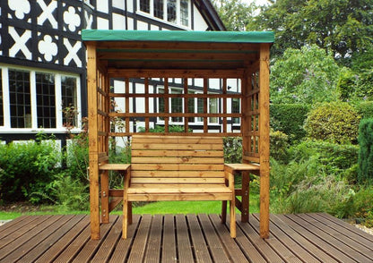 Wentworth Two Seat Arbour Green - Handcrafted, Waterproof Roof, Side Tables, Made in Britain, FSC Wood