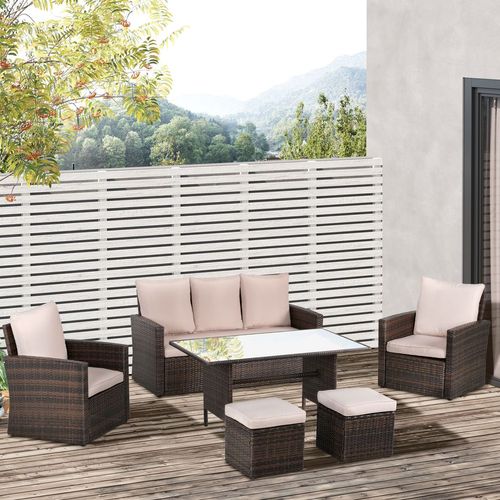 Outsunny 6 Pieces Outdoor PE Rattan Garden Furniture Set with Three-seat, Armchairs and Footstools, Patio Wicker Dining Sets w/Glass Top Dining Table, Soft Cushion, Mixed Brown