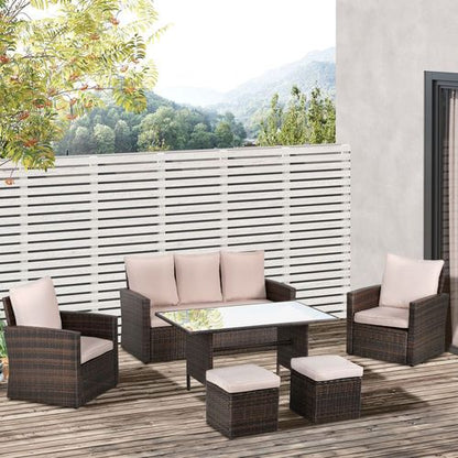 Outsunny 6 Pieces Outdoor PE Rattan Garden Furniture Set with Three-seat, Armchairs and Footstools, Patio Wicker Dining Sets w/Glass Top Dining Table, Soft Cushion, Mixed Brown