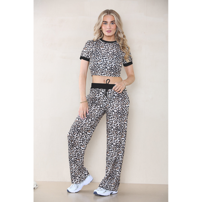Leopard Print Ribbed Contrast Wide Leg Flared Trousers And Top Loungewear TRS Cropped Set