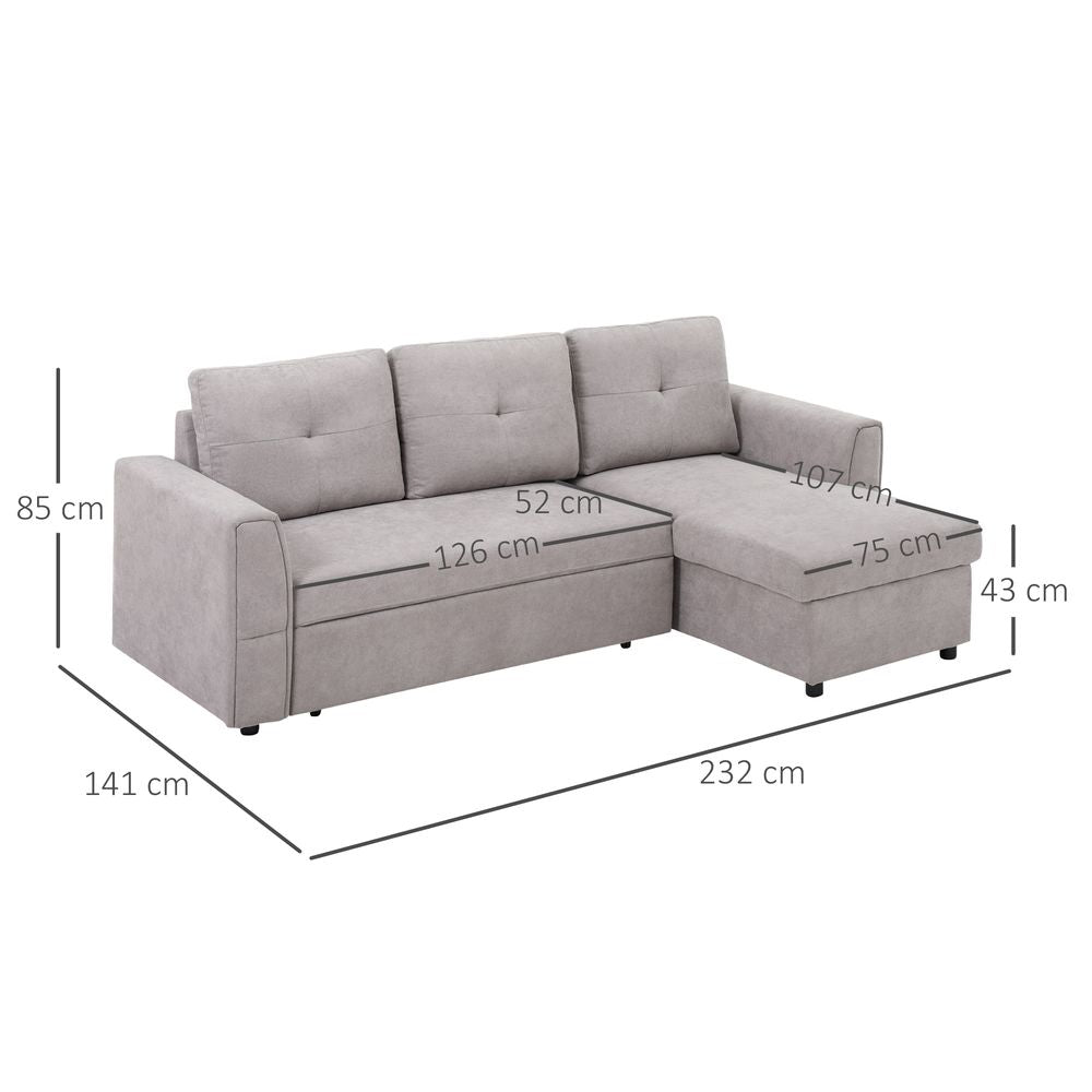 HOMCOM IE Located L-Shaped Sofa Bed Upholstered Reversible Couch with Hidden Storage Sectional Bed Set Sleeper Futon Grey