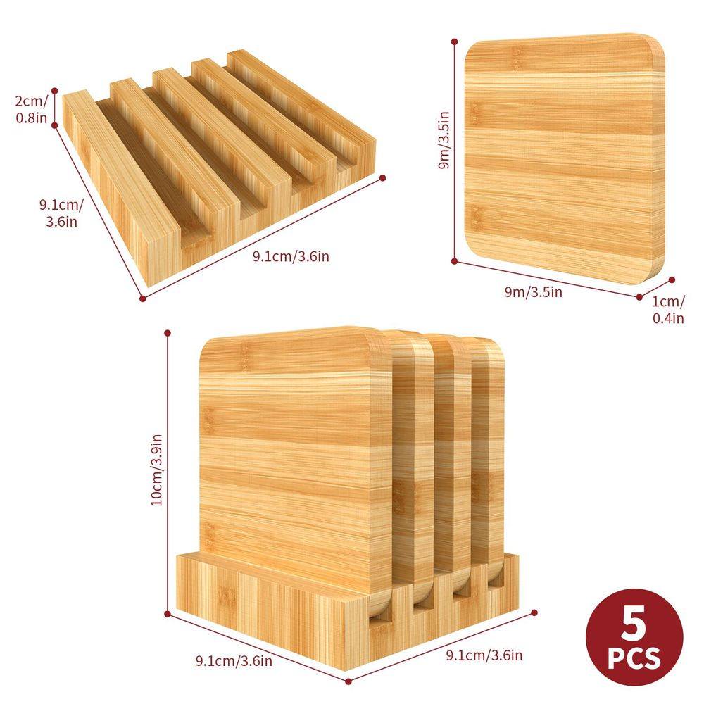 Bamboo Coasters Set of 4 Natural Wood Square Drink Coaster with Holder