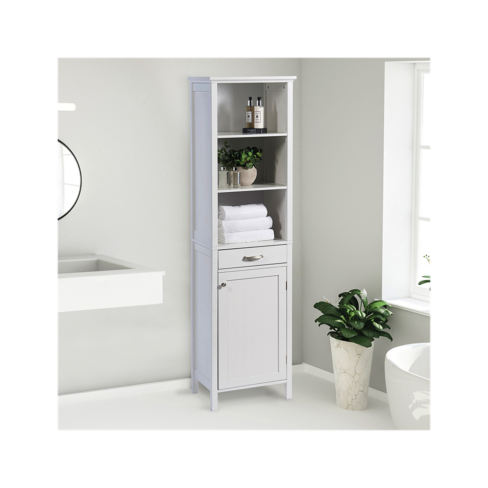 Stylish White Tall Storage Cabinet - Open Shelving, Drawer, Cupboard - High-Quality Timber-MDF - Home Assembly - W47.5cm x D38cm x H170cm