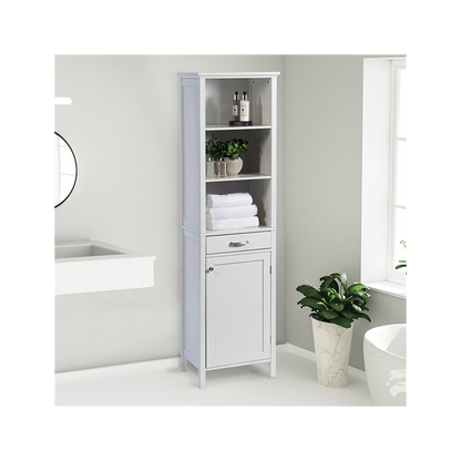 Stylish White Tall Storage Cabinet - Open Shelving, Drawer, Cupboard - High-Quality Timber-MDF - Home Assembly - W47.5cm x D38cm x H170cm