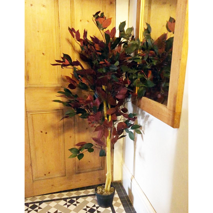 Premium Red Ficus Tree - 120cm (4ft) - Realistic & Durable - Gold Metal Planter