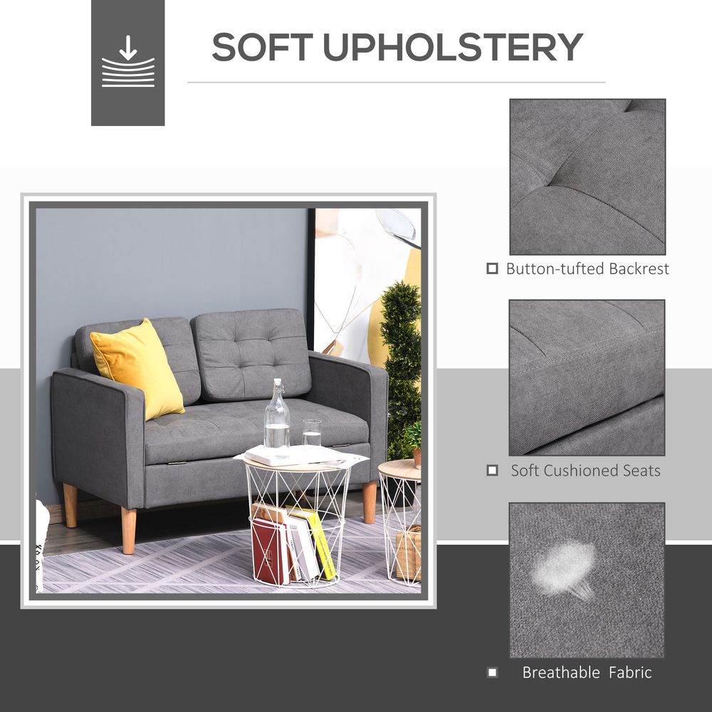 HOMCOM Compact Loveseat Sofa - 2 Seater with Storage & Wood Legs in Grey