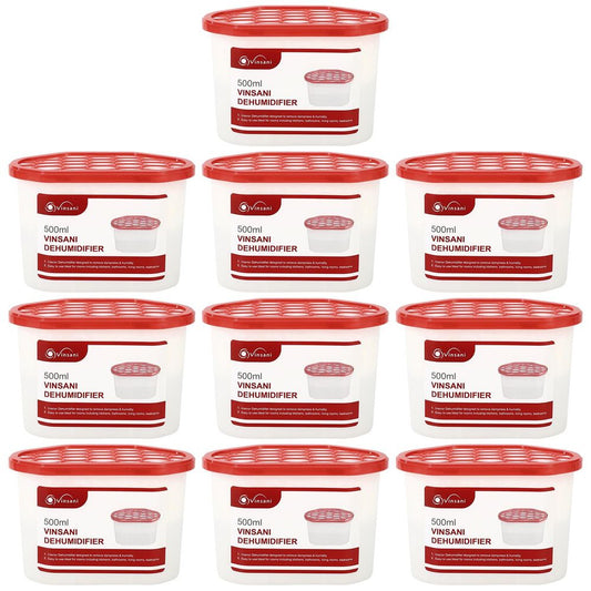 Vinsani Interior Dehumidifier Pack of 10 – 500mL Moisture Absorber Condensation Remover to Stop Damp, Mould, Moisture in Home Kitchen Wardrobe Bedroom Office Bathroom Basement Garage