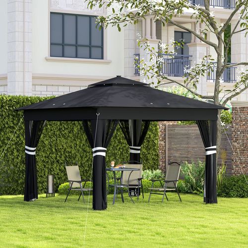 Outsunny 3x3(m) Pop Up Gazebo w/ Solar-Powered LED Lights Netting Black