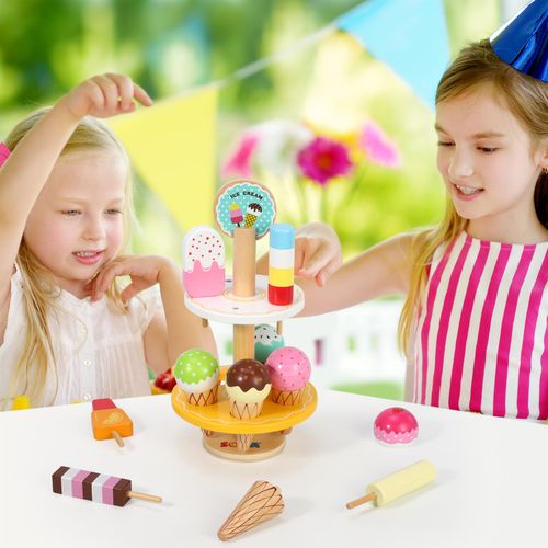 SOKA Wooden 21 Pieces Ice Cream Stand Popsicle Collection Pretend Role Play Set Game Colourful Variety Lolly Shop Food Stand Toy Set for Kids Children Girl Ages 3 year old +