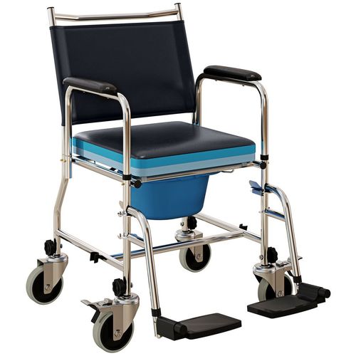 HOMCOM Shower Wheelchair, Commode Wheeled Chair with Padded Seat, Backrest