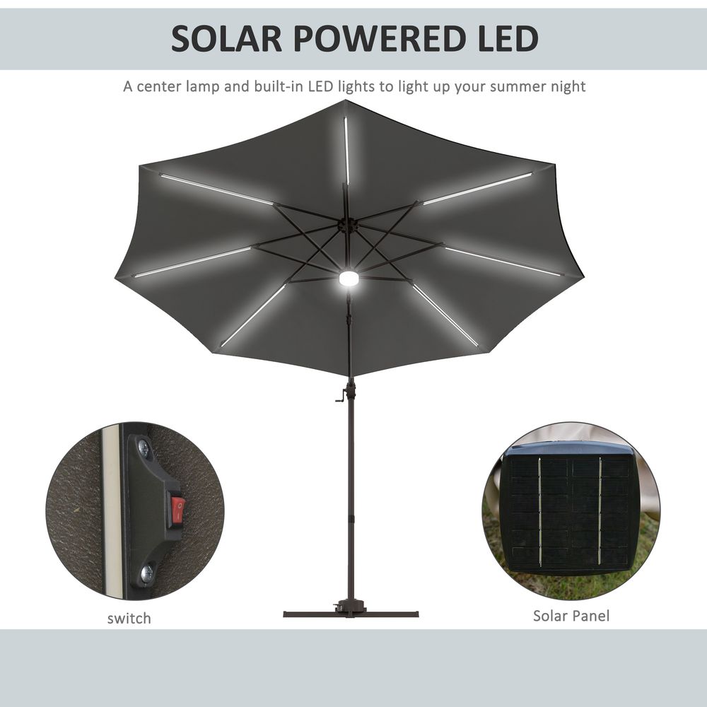 Outsunny 3m LED Cantilever Parasol Outdoor with Base Solar Lights Dark Grey