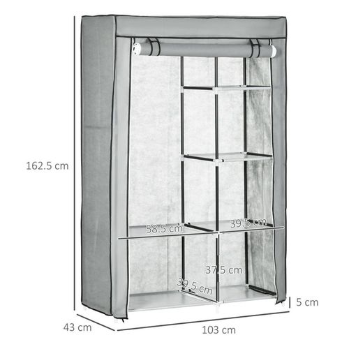 Fabric Wardrobe Hanging rail and Six shelves Clothes Storage Light Grey 103W x 43D x 162.5H cm