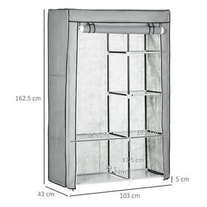 Fabric Wardrobe Hanging rail and Six shelves Clothes Storage Light Grey 103W x 43D x 162.5H cm