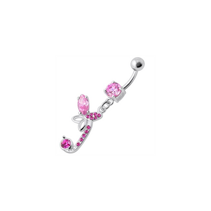Sterling Silver Fancy Butterfly Jeweled Dangling Curved Bar Belly Ring