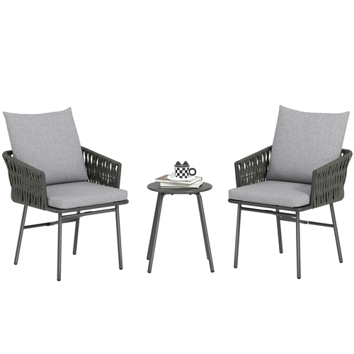 Outsunny Rattan Bistro Set, Balcony Table and Chairs with 4 Cushions, Grey
