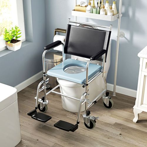 HOMCOM Shower Wheelchair, Commode Wheeled Chair with Padded Seat, Backrest