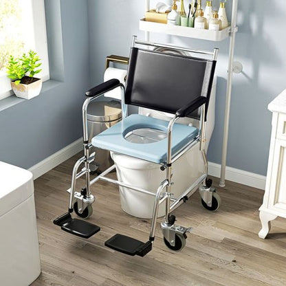 HOMCOM Shower Wheelchair, Commode Wheeled Chair with Padded Seat, Backrest