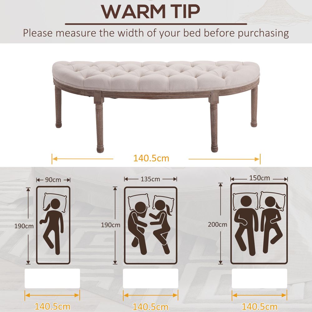 HOMCOM Button-Tufted Half-Circle Bench Ottoman | Cream | Padded Seat | Premium Quality