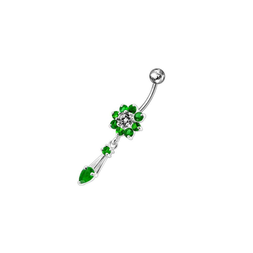 Jeweled Fancy Flower Dangling SS Banana Bar Navel Ring