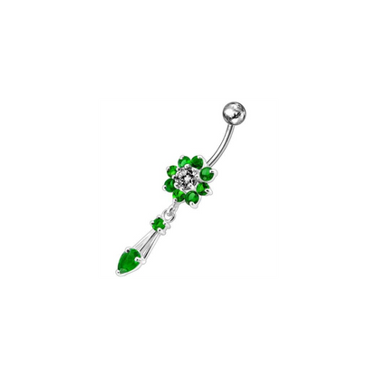 Jeweled Fancy Flower Dangling SS Banana Bar Navel Ring