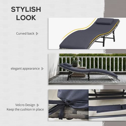 Outsunny Folding Rattan Sun Lounger Outdoor Chair with Cushion and Pillow, Grey