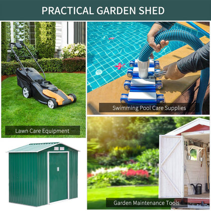 Outsunny 7 x 4ft Metal Garden Shed, Outdoor Storage Tool House with Ventilation Slots, Foundation Kit and Lockable Double Doors, Green