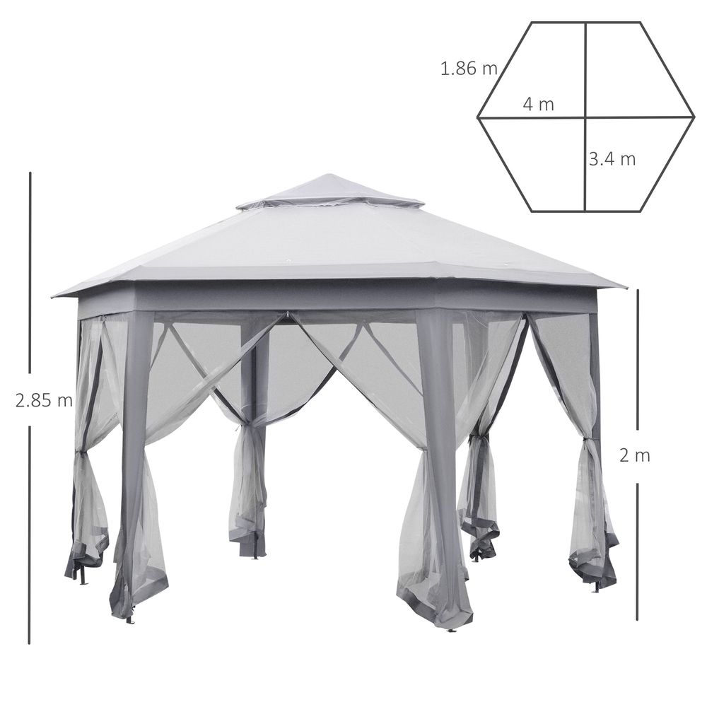Hexagon Pop Up Gazebo Double Roof Netting, 4m x 4m, Grey w/ Mesh, 4x4m