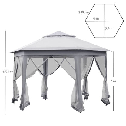 Hexagon Pop Up Gazebo Double Roof Netting, 4m x 4m, Grey w/ Mesh, 4x4m