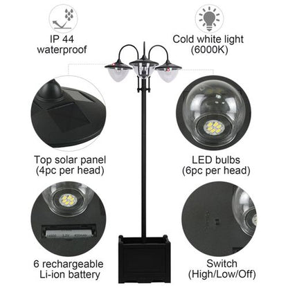 Outsunny 3-head LED Solar Light Lamp Street Light Post with Planter Base, Black