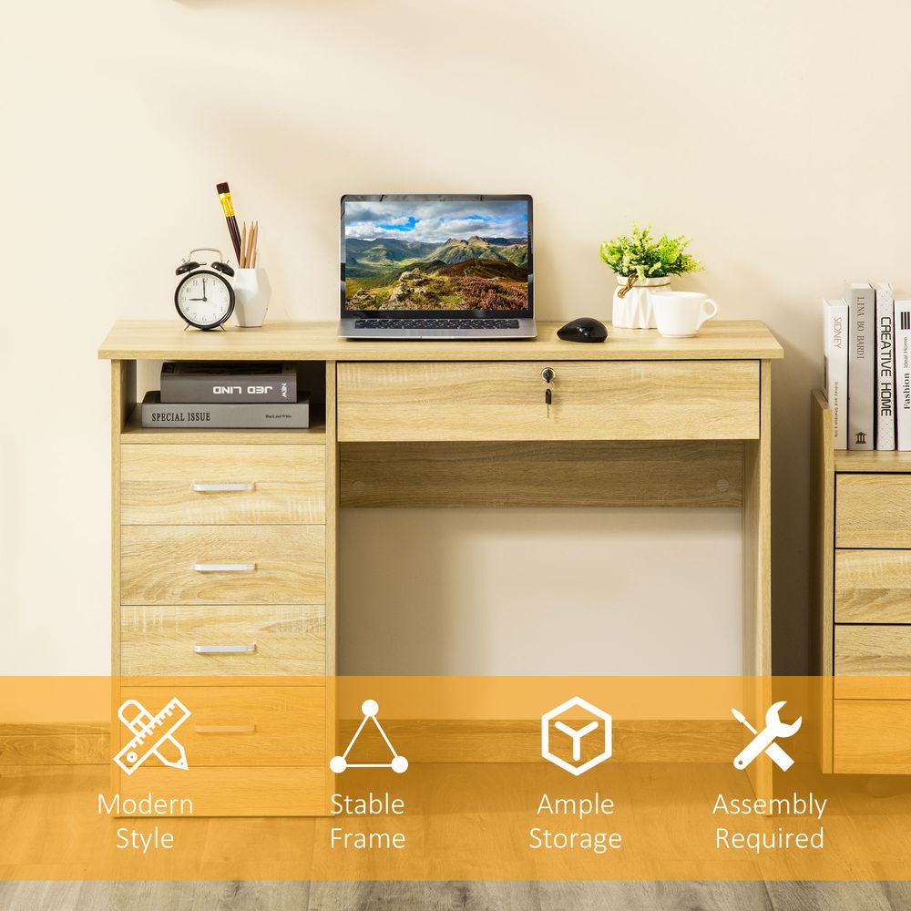HOMCOM Computer Desk, Home Office Desk with Lockable Drawer, Storage Shelf for Study Bedroom, 110 x 50 x 76 cm, Oak