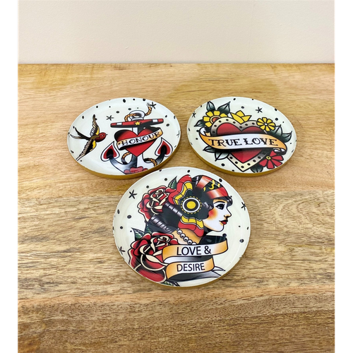 Set of Three Metal Retro Tattoo Design Coasters