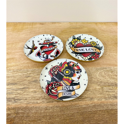 Set of Three Metal Retro Tattoo Design Coasters