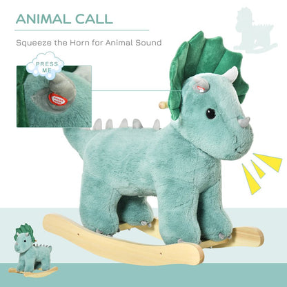 HOMCOM Kids Toddler Rocking Horse Plush Ride On Triceratops Rocker Wooden Base W/Sound for 3-6 Years Green