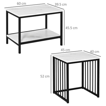HOMCOM Modern Coffee Table Set of Two, Marble-Effect Nesting Side Tables with Steel Frame for Living Room, White and Black