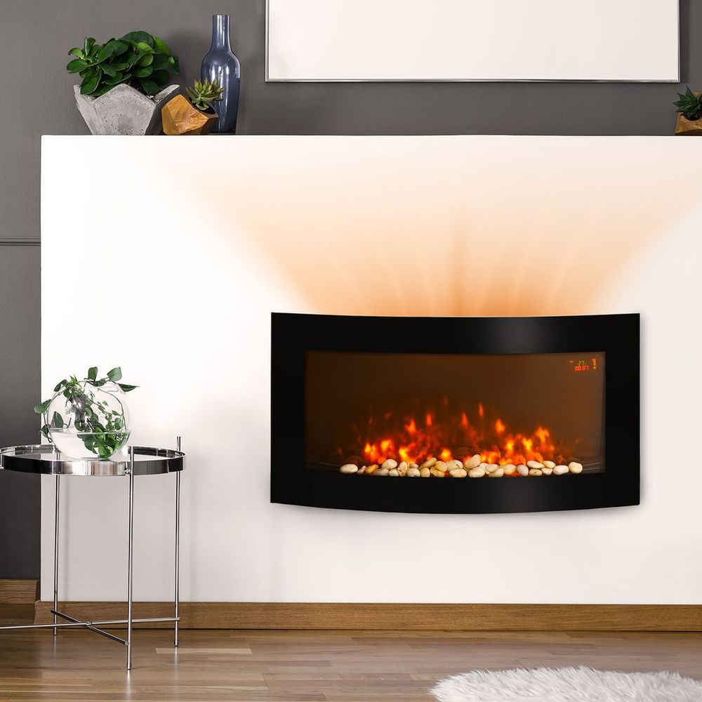 HOMCOM Electric Fireplace Wall Mounted Led Flame Curved Back Side Lights Heater