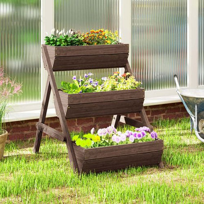 Outsunny 3 Tier Raised Garden Bed Wooden Elevated Planter Box Kit, Tan
