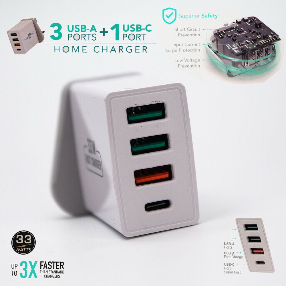 4 Port USB Type C Hub Wall Charger - Fast PD Quick Charge QC 3.0 Adapter, 33W