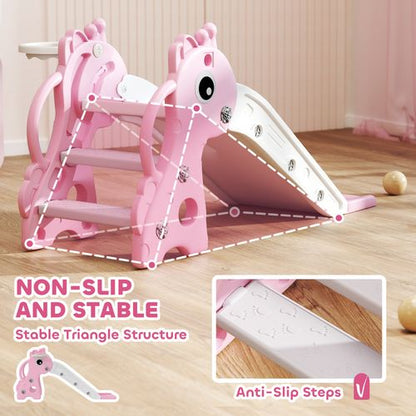 AIYAPLAY 3 in 1 Kids Slide with Climber, Basketball Hoop and Ball, Pink