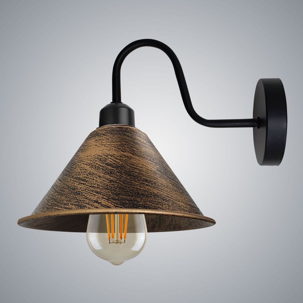 Vintage Brushed Copper Wall Light - Black Sconce - Cone Shade - Swan Neck - Quality Craft - Dimmable - E27 Base