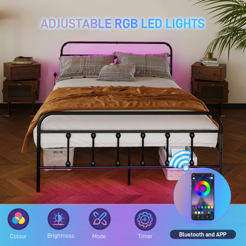HOMCOM King Bed Frame with LED Lights and Charging Station, Black